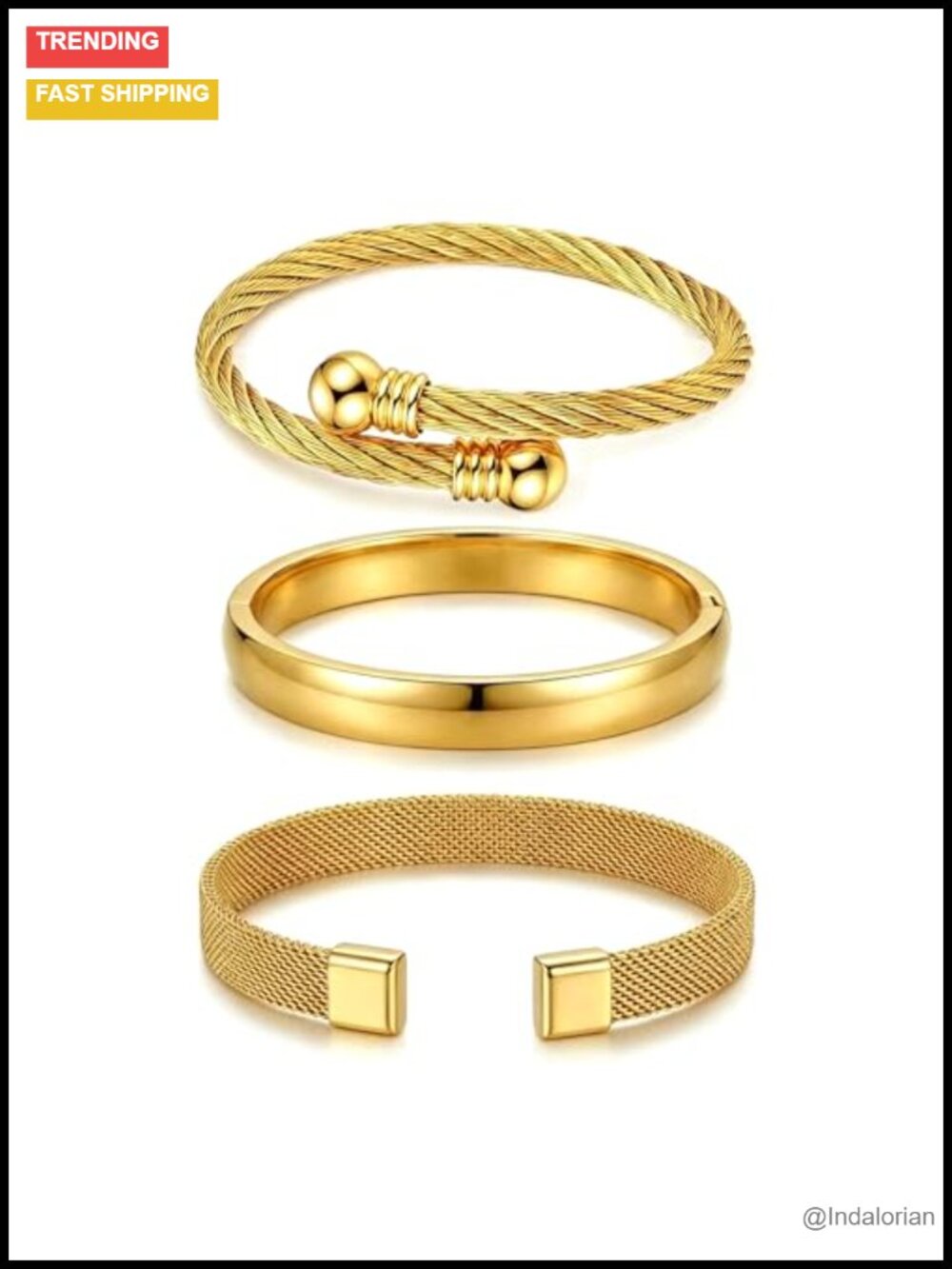 18K Gold Plated Stainless Steel Cuff Bracelet Set for Women Stackable Wate